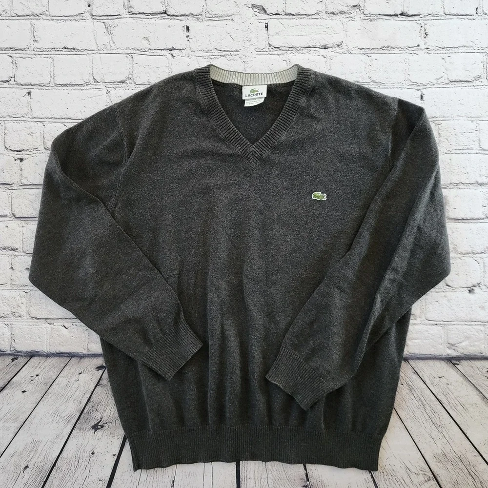 Lacoste Mens V-Neck Sweater Charcoal Gray Cotton Size 6 XL F5178 Crocodile Logo - Picture 1 of 8